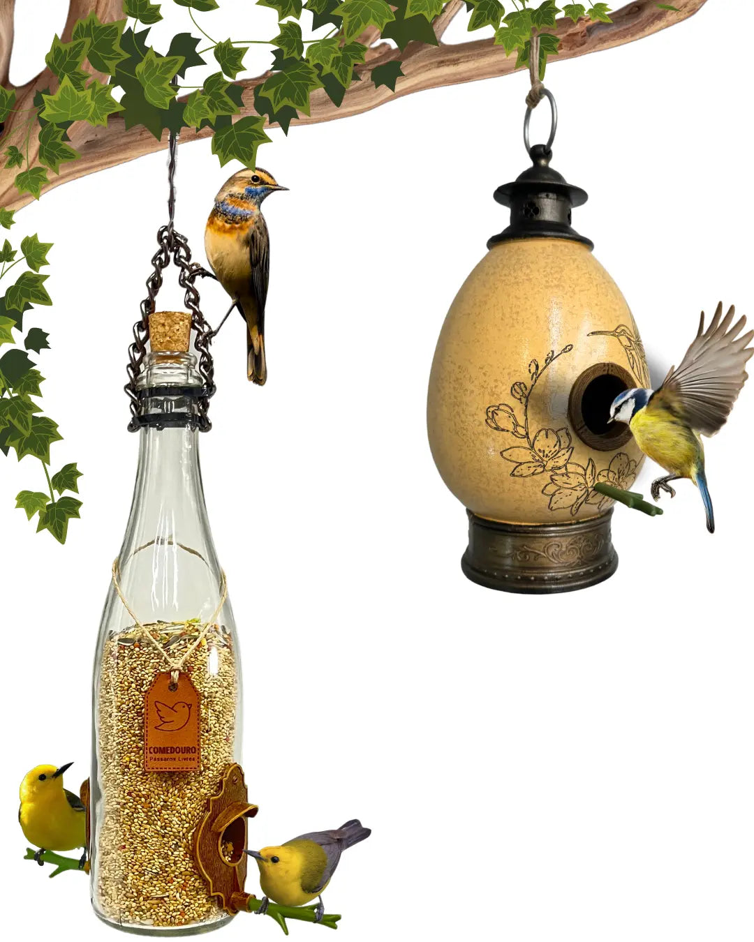 CasaOvo Beija-flor Marrom + Comedouro Champanhe Branca