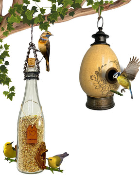 CasaOvo Beija-flor Marrom + Comedouro Champanhe Branca