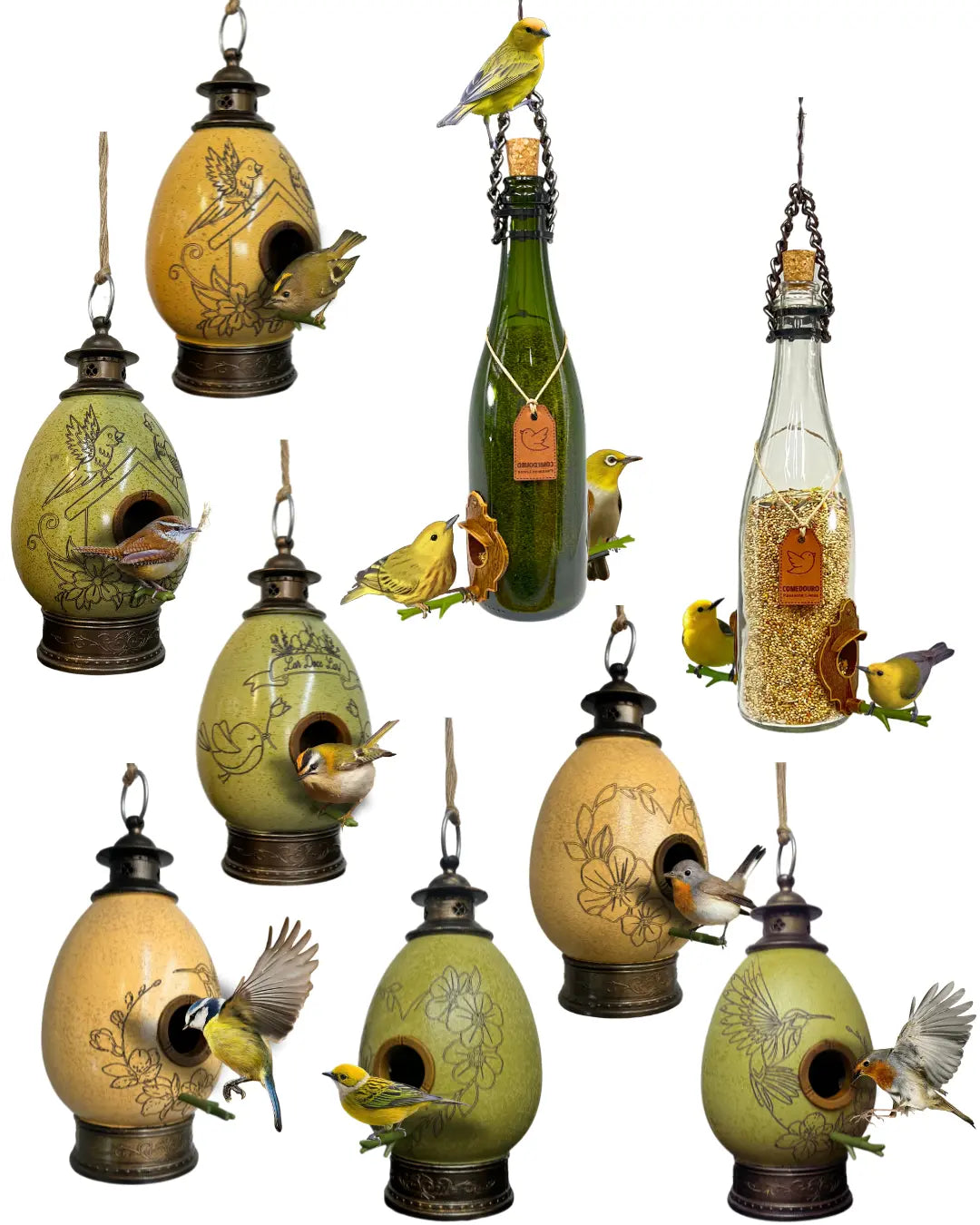 Kit 9: 7 CasaOvo Diversas + 2 Comedouros Verde e Branca