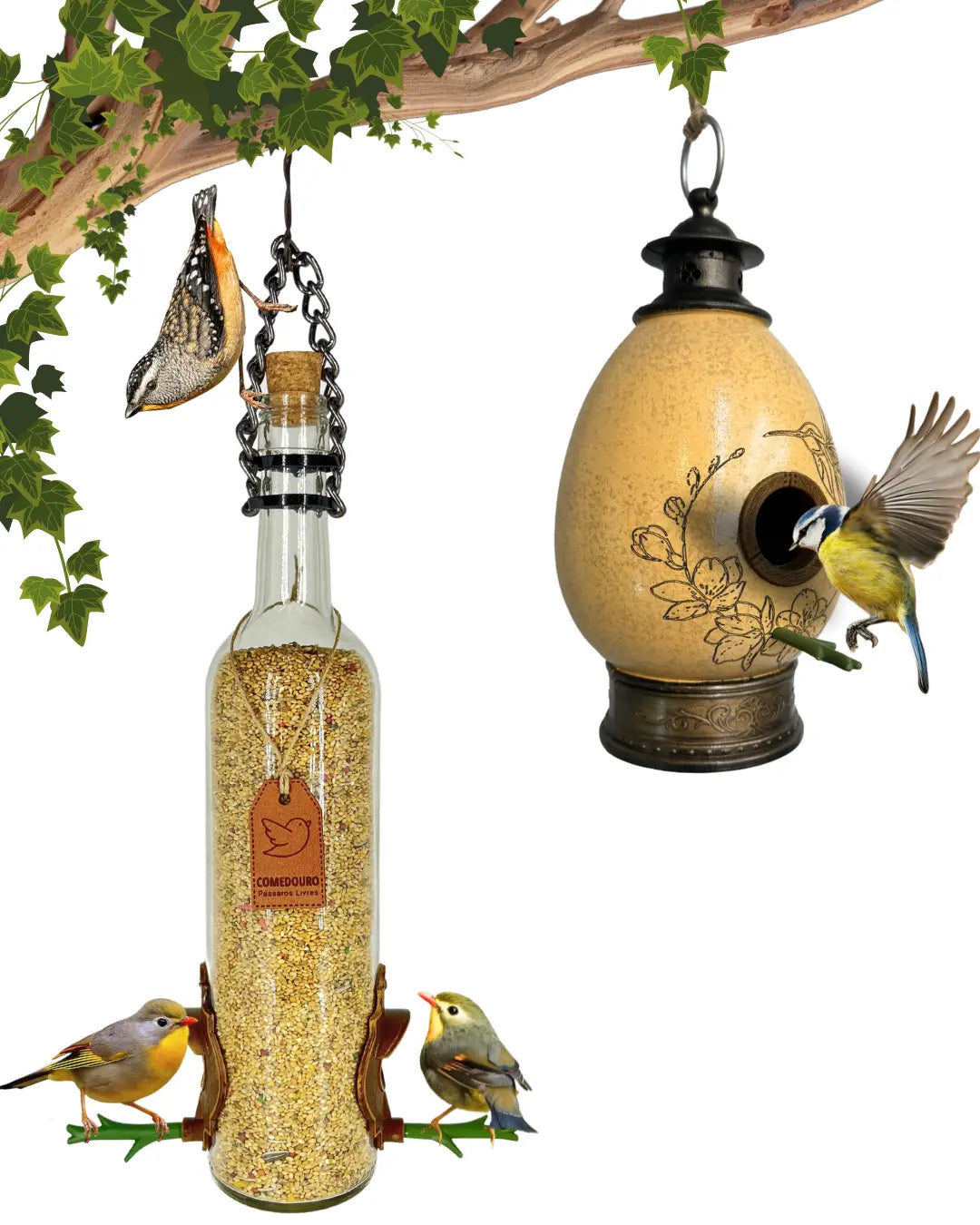 CasaOvo Beija-flor Marrom + Comedouro Vinho Branco