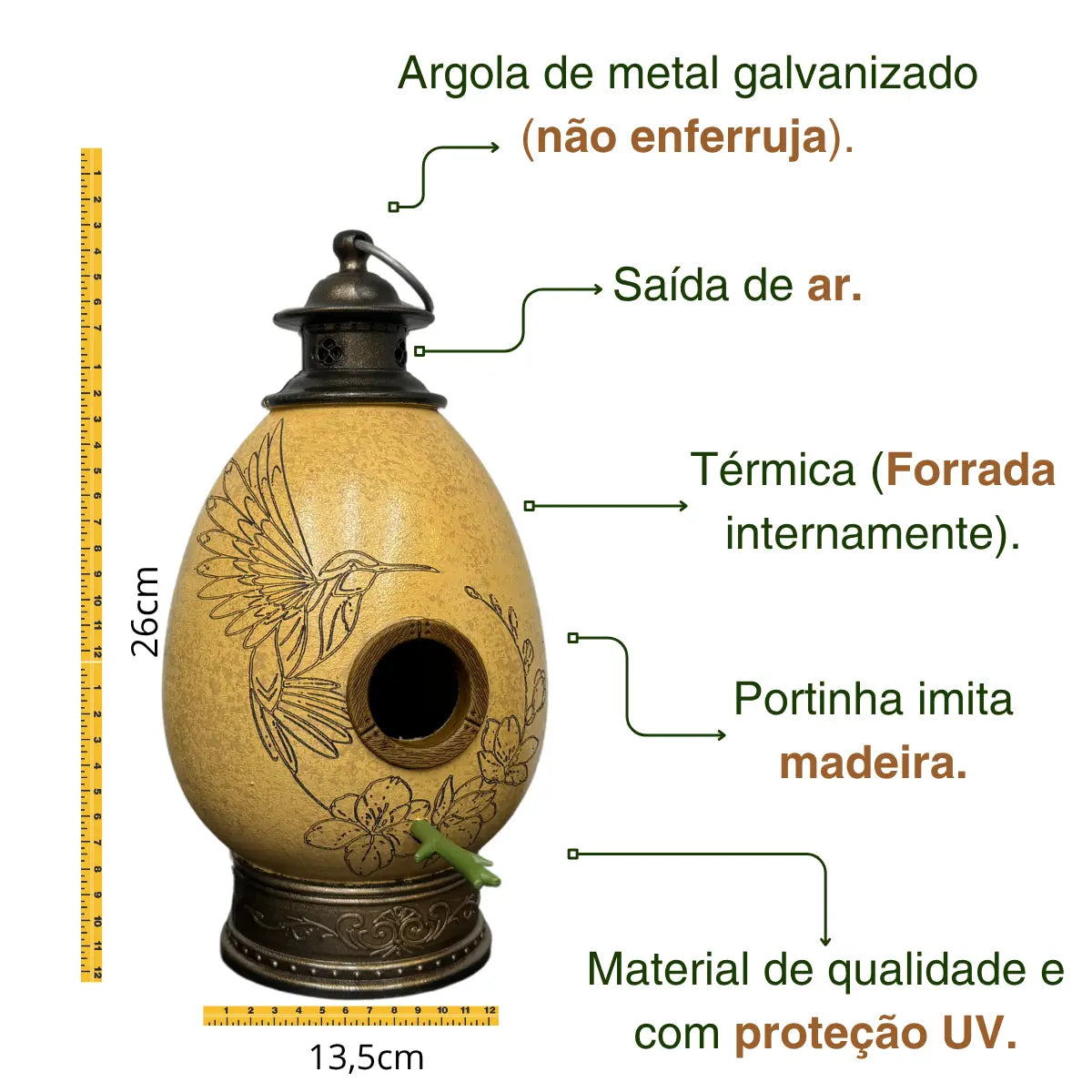 CasaOvo Beija-flor Marrom + Comedouro Champanhe Verde